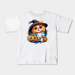 A Cat wearing a witches hat and holding a pumpkin Kids T-Shirt